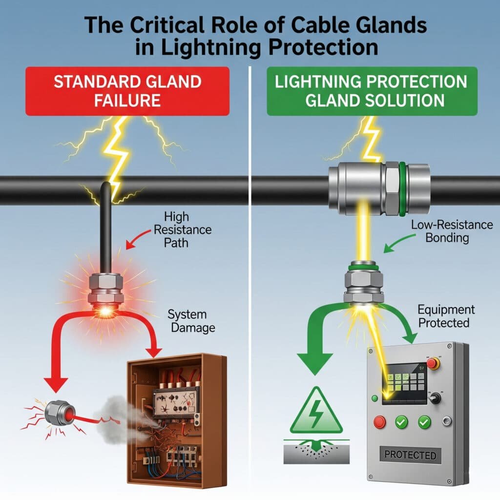 An infographic titled "The Critical Role of Cable Glands in Lightning Protection," presented as a split comparison. On the left, a "STANDARD GLAND FAILURE" scenario is depicted in red, showing a lightning strike following a high-resistance path through a standard cable gland, leading to arcing, a damaged junction box, and "System Damage." On the right, a "LIGHTNING PROTECTION GLAND SOLUTION" is shown in green, illustrating a lightning strike being safely diverted through a low-resistance bonding cable gland to the ground, protecting the "Equipment Protected."
