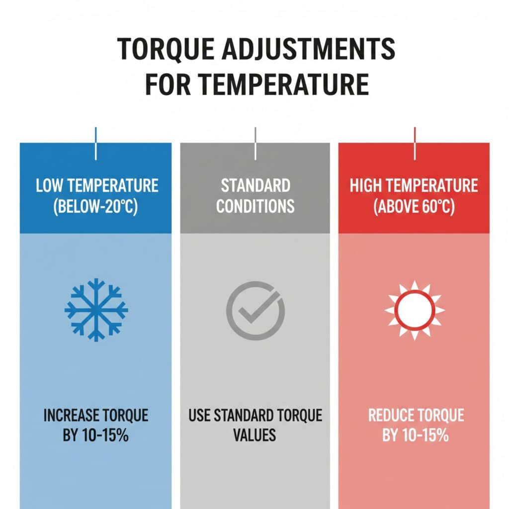 Infografika z naslovom "Prilagoditve navora glede na temperaturo". Prikazuje tri pogoje: pri nizkih temperaturah (pod -20 °C) je treba navor povečati za 10-15%; pri standardnih pogojih je treba uporabiti standardne vrednosti navora; pri visokih temperaturah (nad 60 °C) je treba navor zmanjšati za 10-15%.