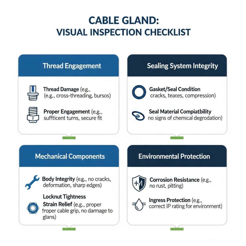 Eine Infografik mit dem Titel "Kabelverschraubung: Checkliste für die visuelle Inspektion", die in vier Hauptbereiche für die Inspektion unterteilt ist: Gewindeverbindung, Integrität des Dichtungssystems, mechanische Komponenten und Umweltschutz, jeweils mit spezifischen Prüfpunkten und Symbolen.