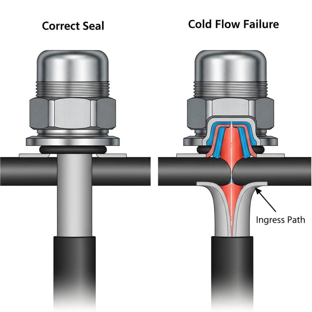Eine technische Illustration, die eine "korrekte Dichtung" in einer Kabelverschraubung mit einem "Cold Flow Failure" vergleicht, bei dem sich der Kabelmantel unter Druck verformt hat, wodurch ein "Ingress Path" entstanden ist, der die Dichtung beeinträchtigt.