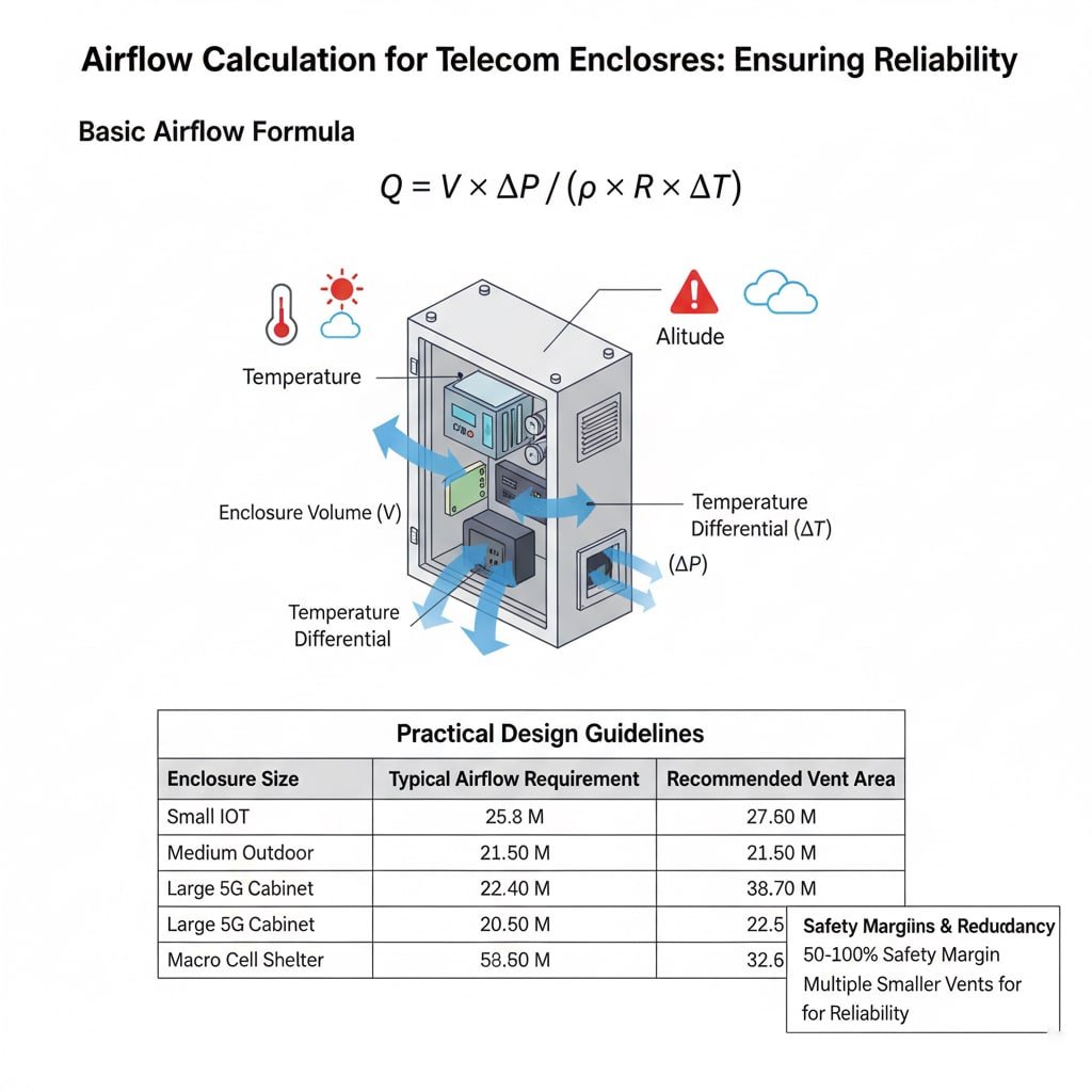 A diagram titled "Airflow Calculation for Telecom Enclosures: Ensuring Reliability" presents the "Basic Airflow Formula: Q = V × ΔP / (ρ × R × ΔT)." An illustration of a telecom enclosure highlights key variables: "Enclosure Volume (V)," "Temperature Differential (ΔT)," "Pressure Differential (ΔP)," with icons for "Temperature" and "Altitude" indicating environmental factors. Below, a table titled "Practical Design Guidelines" provides "Typical Airflow Requirement" and "Recommended Vent Area" for various "Enclosure Size" categories, from "Small IoT" to "Macro Cell Shelter." Text annotations emphasize "Safety Margins & Redundancy," recommending "50-100% Safety Margin" and "Multiple Smaller Vents for Reliability."