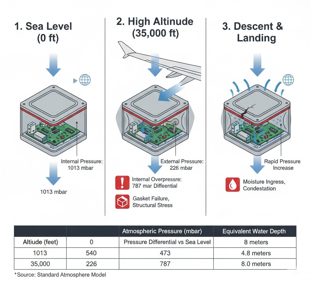 A three-panel diagram illustrating the effects of altitude and pressure on sealed electronic enclosures. The first panel, "1. Sea Level (0 ft)", shows an enclosure at 1013 mbar internal and external pressure. The second panel, "2. High Altitude (35,000 ft)", depicts an airplane above the enclosure, with reduced external pressure (226 mbar) leading to "Internal Overpressure: 787 mbar Differential," "Gasket Failure," and "Structural Stress." The third panel, "3. Descent & Landing", shows increasing external pressure leading to "Moisture Ingress, Condensation." A table below details "Atmospheric Pressure (mbar)" and "Equivalent Water Depth" at various altitudes, emphasizing the stress on sealed electronics.