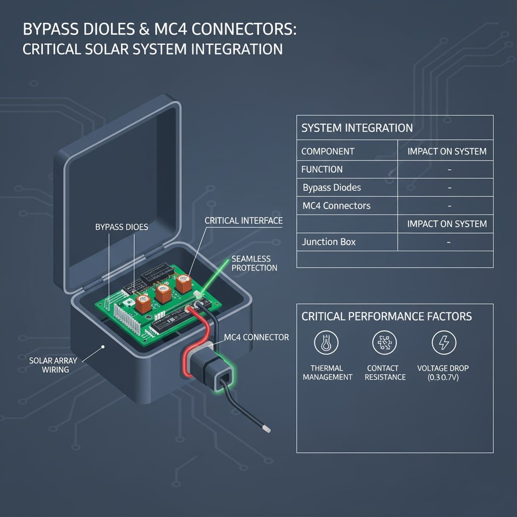 Sebuah infografis berjudul "DIODES Bypass & KONEKTOR MC4: INTEGRASI SISTEM SURYA YANG KRITIS," dengan latar belakang papan sirkuit, mengilustrasikan interaksi antara komponen-komponen utama. Gambar tengah menunjukkan kotak persimpangan terbuka yang memperlihatkan papan sirkuit hijau dengan "BYPASS DIODES" yang ditempatkan secara mencolok. Sebuah "KONEKTOR MC4" berwarna hitam terpasang pada kotak sambungan, dengan "KABEL ARRAY SURYA" berwarna merah dan hitam yang memanjang darinya. Cahaya hijau dan teks "INTERFACE KRITIS" dan "PERLINDUNGAN TANPA JARINGAN" menyoroti titik sambungan. Di sebelah kanan, tabel untuk "INTEGRASI SISTEM" merinci "KOMPONEN," "FUNGSI," dan "DAMPAK TERHADAP SISTEM" untuk Dioda Bypass, Konektor MC4, dan Kotak Persimpangan. Di bawah ini, "FAKTOR KINERJA KRITIS" dicantumkan dengan ikon: "PENGELOLAAN TERMAL," "TAHANAN KONTAK," dan "PENURUNAN TEGANGAN (0,3-0,7V)."