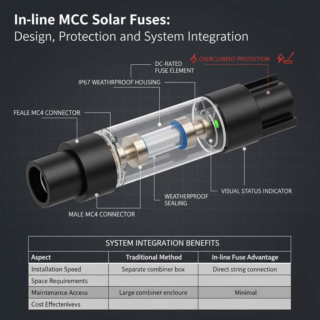 Vista dettagliata di un "Fusibile solare MC4 in linea: Progettazione, protezione e integrazione del sistema". Mostra l'"ELEMENTO FUSIBILE DENSO" interno, alloggiato all'interno di un "INQUADRAMENTO IP67 A PROVA DI TEMPO" con "SIGILLATURA A PROVA DI TEMPO". Sono visibili il "CONNETTORE MC4 FEMMINA" e il "CONNETTORE MC4 MASCHIO", oltre a un "INDICATORE DI STATO VISIVO". È inoltre indicato il fusibile che garantisce la "PROTEZIONE DA SOVRACORRENTE". Di seguito, una tabella illustra i "VANTAGGI DELL'INTEGRAZIONE DEL SISTEMA", confrontando i metodi tradizionali con i vantaggi dei fusibili in linea per quanto riguarda aspetti quali la "Velocità di installazione" e i "Requisiti di spazio".