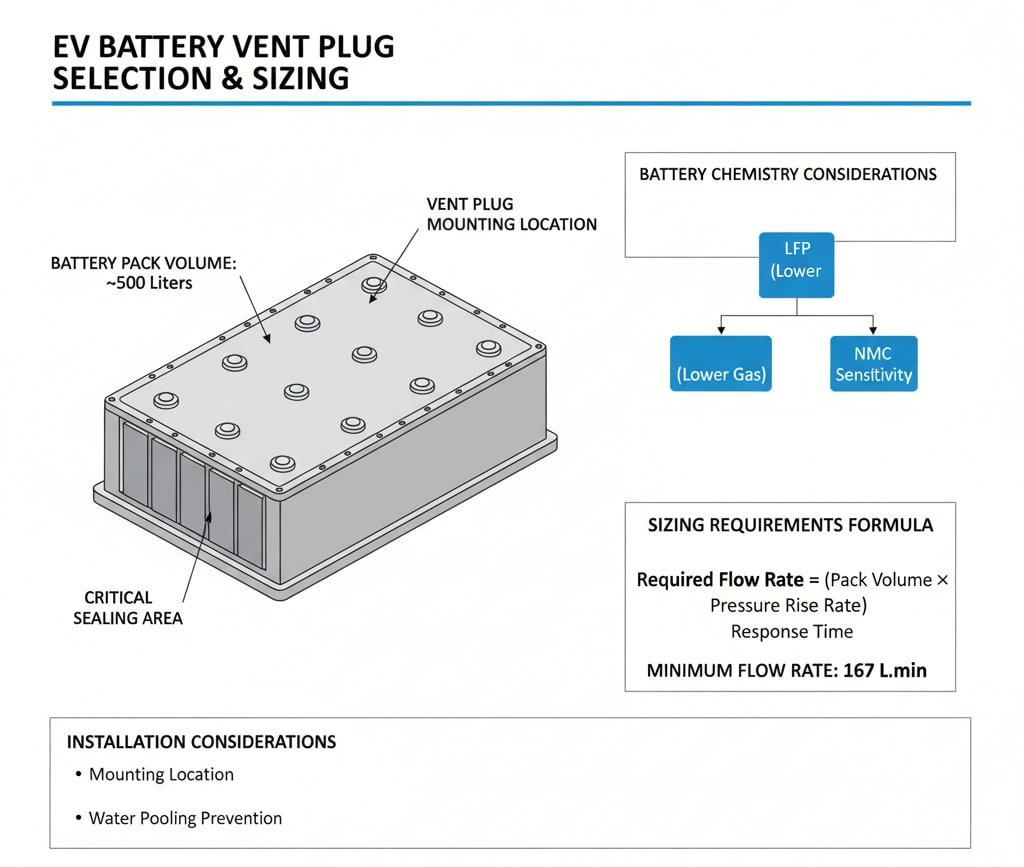 A technical diagram titled "EV BATTERY VENT PLUG SELECTION & SIZING." It features an illustration of an EV battery pack highlighting "VENT PLUG MOUNTING LOCATION," "BATTERY PACK VOLUME: ~500 Liters," and "CRITICAL SEALING AREA." To the right, a flowchart details "BATTERY CHEMISTRY CONSIDERATIONS" for LFP and NMC battery types. Below, the "SIZING REQUIREMENTS FORMULA" is provided, including "Required Flow Rate = (Pack Volume × Pressure Rise Rate) / Response Time" and a calculated "MINIMUM FLOW RATE: 167 L/min." The "INSTALLATION CONSIDERATIONS" section lists mounting location and water pooling prevention. All text is accurately presented in English.