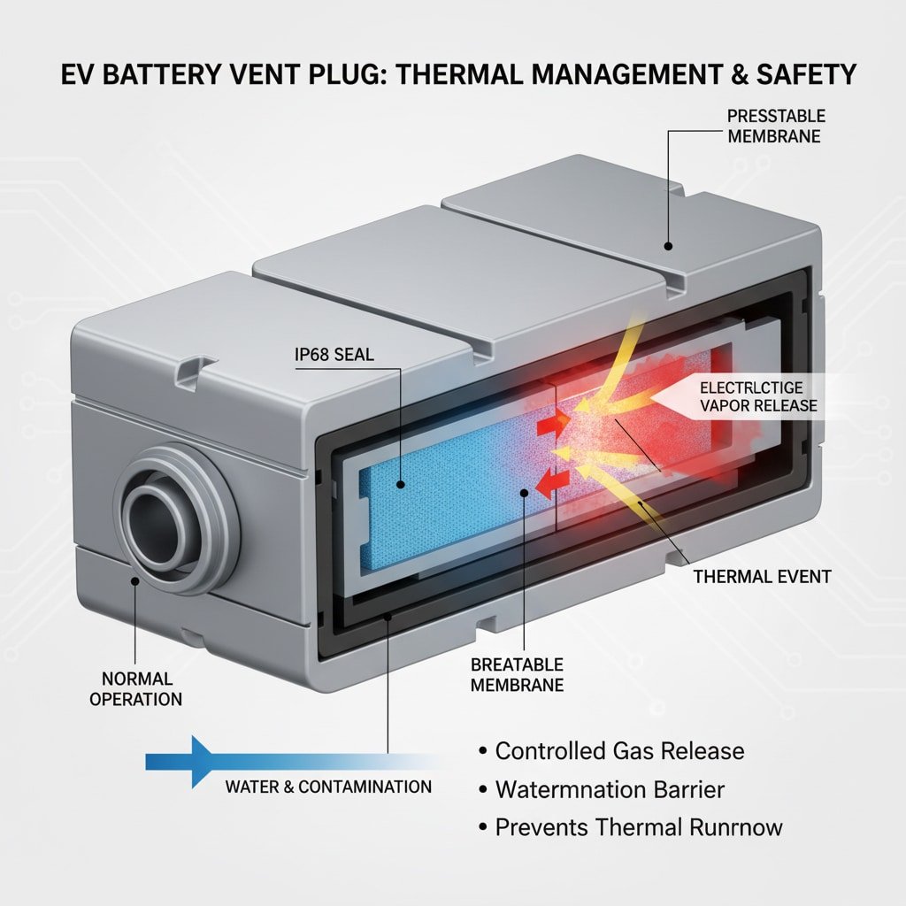 A 3D cutaway diagram of an EV battery vent plug, illustrating its dual functionality. On the left, it shows "NORMAL OPERATION" where the "IP68 SEAL" and "BREATHABLE MEMBRANE" prevent "WATER & CONTAMINATION." On the right, a "THERMAL EVENT" is depicted with "ELECTROLYTE VAPOR RELEASE" through a "PRESSURABLE MEMBRANE" for controlled gas release. Key functions are listed: "Controlled Gas Release," "Contamination Barrier," and "Prevents Thermal Runaway." All text and labels are clearly visible and accurate in English.