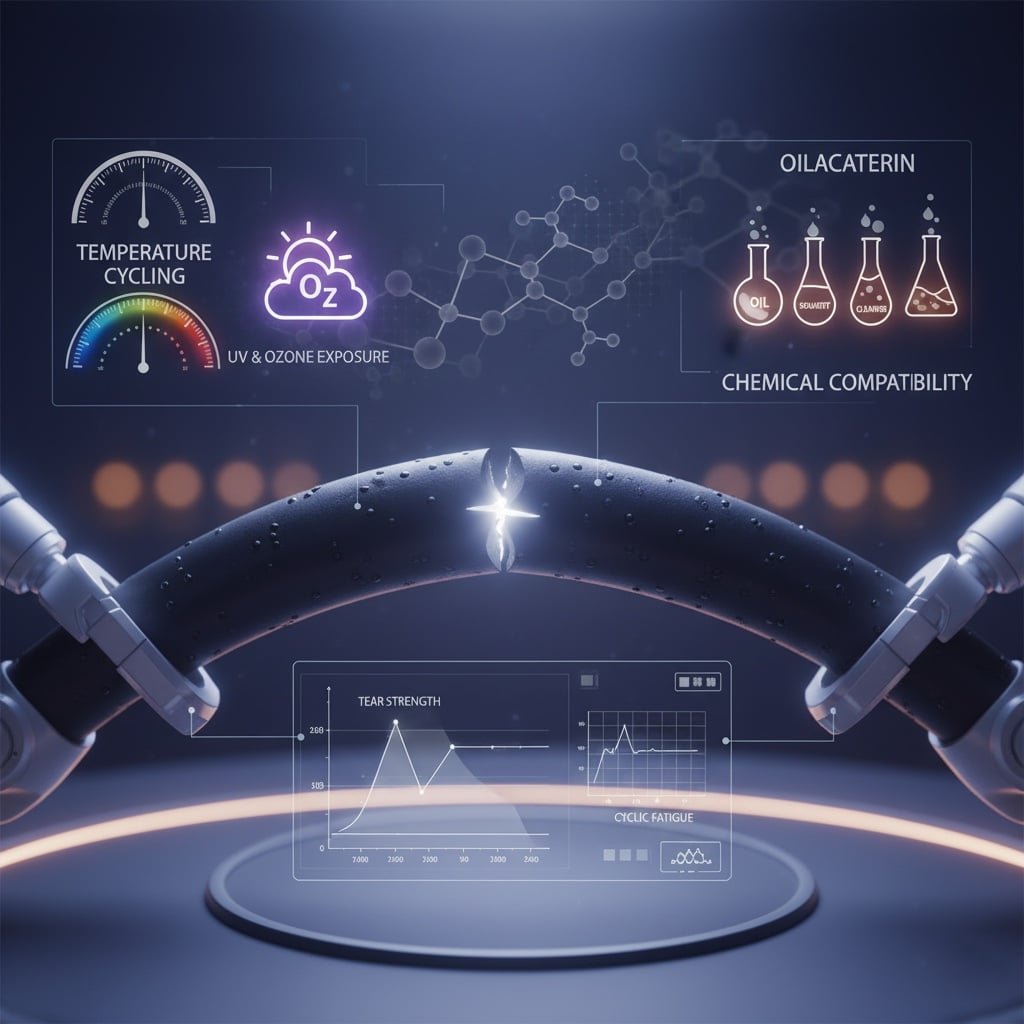 Augsto tehnoloģiju laboratorijas vide ar robotizētām rokām, kas tur saplēstu kabeli, simbolizējot "TEAR STRENGTH". Apkārt ir digitālie pārklājumi, kas ilustrē dažādus faktorus, kuri ietekmē materiāla integritāti: mērierīce "TEMPERATŪRAS CYCLING", ikona "UV un ozona iedarbība", molekulārās struktūras, spainīši ar uzrakstiem "OIL", "SOLVENT" un "CLEANER" "CHEMICAL COMPATIBILITY" un diagrammas, kas attēlo "TEAR STRENGTH" un "CYCLIC FATIGUE". Tas vizualizē visaptverošos faktorus, kas ietekmē blīvējuma ieliktņu izturību.