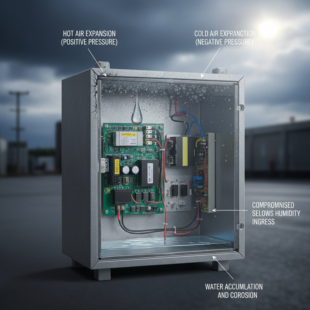 Vista seccionada de un armario eléctrico exterior que ilustra los efectos de los cambios de presión inducidos por la temperatura y la acumulación de humedad. El diagrama destaca la "EXPANSIÓN DE AIRE CALIENTE (PRESIÓN POSITIVA)", la "EXPANSIÓN DE AIRE FRÍO (PRESIÓN NEGATIVA)", los "SELLOS COMPROMETIDOS QUE PERMITEN LA INGRESIÓN DE HUMEDAD" y la "ACUMULACIÓN DE AGUA Y CORROSIÓN" para mostrar cómo la falta de ventilación adecuada provoca fallos en los equipos.