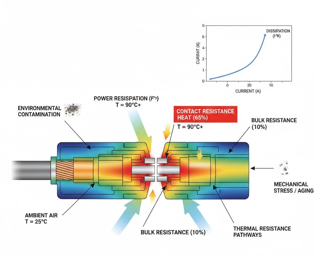 Detailed cross-section diagram of an MC4 connector, illustrating heat generation points and thermal resistance pathways. It highlights contact resistance as the primary source of heat (65%), leading to temperatures above 90°C, alongside bulk resistance (10%) in conductors. Environmental contamination and mechanical stress/aging are shown as external factors contributing to heat. An inset graph demonstrates the exponential relationship between current and power dissipation (I²R), emphasizing how heat generation escalates with increased current.