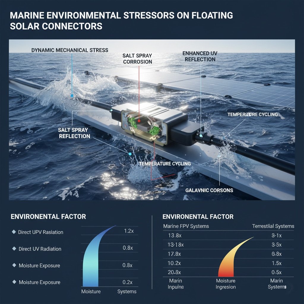 MARINE ENVIRONMENTAL STRESSORS ON FLOATING SOLAR CONNECTORS（フローティングソーラーコネクター上の海洋環境ストレス要因）」と題された説明図には、波立つ海水に浮かぶソーラーパネルの電気コネクターの断面が描かれている。波による "DYNAMIC MECHANICAL STRESS"、"SALT SPRAY CORROSION"、水面からの "ENHANCED UV REFLECTION"、"TEMPERATURE CYCLING"、"SALT SPRAY REFLECTION"、"GALVANIC CORROSION "など、さまざまな環境ストレッサーがテキストラベルと視覚的な合図で強調されている。メイン画像の下には、"ENVIRONMENTAL FACTOR "の影響に関するデータが2つのチャートで示されている。