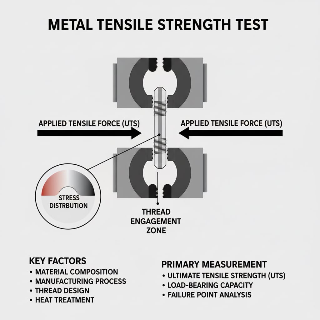 Диаграма, озаглавена "METAL TENSILE STRENGTH TEST", илюстрираща образец с резба, който се държи от две захващащи челюсти, със стрелки, указващи "APPLIED TENSILE FORCE (UTS)", теглещи в противоположни посоки. В увеличен план е показано "РАЗПРЕДЕЛЕНИЕТО НА НАПРЕЖЕНИЕТО" върху резбовия детайл. По-долу са изброени "КЛЮЧОВИ ФАКТОРИ", включително състав на материала, производствен процес, дизайн на резбата и термична обработка. В "ОСНОВНИ ИЗМЕРВАНИЯ" са изброени якостта на опън, носещата способност и анализът на точките на повреда. Целият текст е точно показан на английски език.