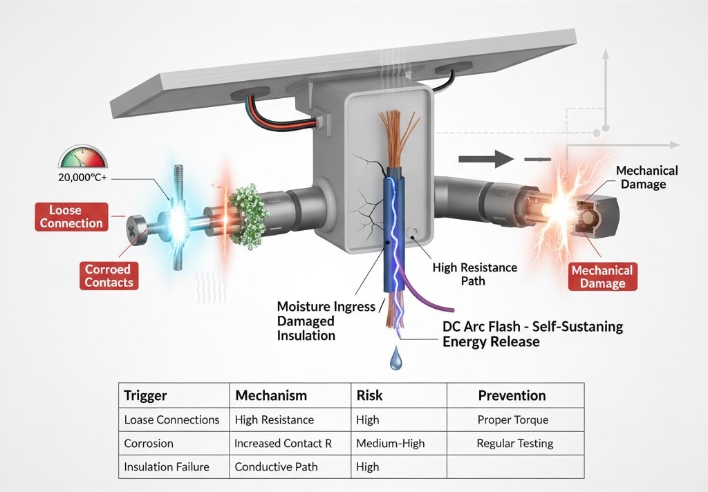 Diagram illustrating common arc flash mechanisms in a photovoltaic system, including loose connections generating extreme heat, corroded contacts causing high resistance, moisture ingress leading to damaged insulation and a high resistance path, and mechanical damage resulting in a self-sustaining DC arc flash with significant energy release. Below the diagram is a table outlining common arc flash triggers, their mechanisms, risk levels, and prevention strategies.