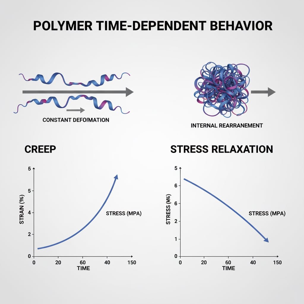 標題為 "POLYMER TIME-DEPENDENT BEHAVIOR 「的科學圖表，有兩大部分說明 」CREEP 「和 」STRESS RELAXATION"。蠕變部分包括聚合物鏈經歷恆定變形的圖解，以及顯示應變隨時間增加的圖表。應力鬆弛部分則是聚合物鏈經歷內部重新排列的插圖，以及顯示應力隨時間遞減的圖表。所有文字元素，包括軸線和現象的標籤，都以英文清楚呈現。
