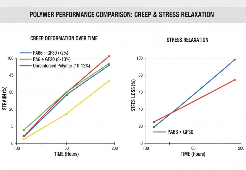 標題為 "POLYMER PERFORMANCE COMPARISON: CREEP & STRESS RELAXATION" 的比較圖表。它以兩條線圖為特色：「隨時間產生的蠕變 」比較 PA66 + GF30、PA6 + GF30 和未強化聚合物隨時間產生的應變，「應力釋放 」比較 PA66 + GF30 隨時間產生的應力損失。在圖表下方，標題為「材料性能比較」的表格詳細列出了不同的聚合物材料、其抗蠕變性、應力鬆弛、溫度限制和成本因素。所有文字和標籤均以準確的英文顯示。
