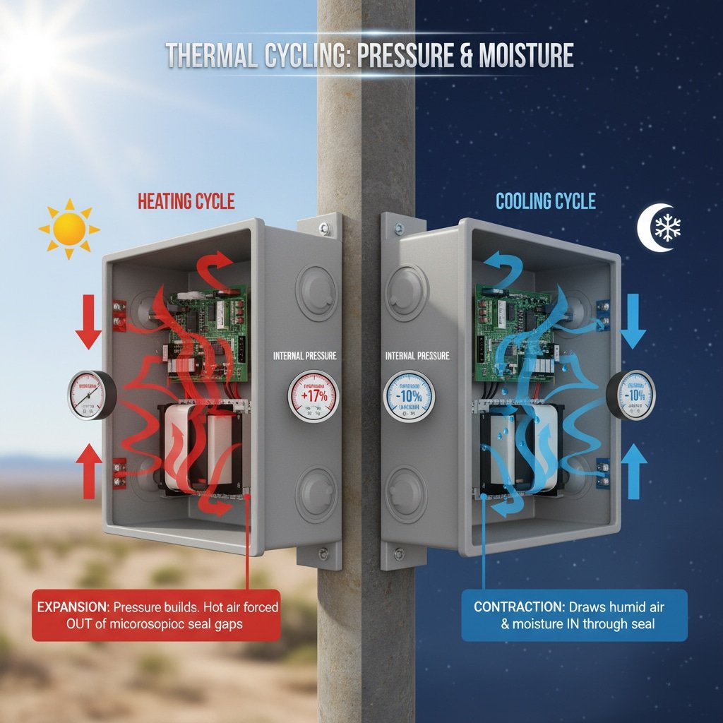 A split diagram illustrating the effects of thermal cycling on a sealed electrical enclosure mounted on a pole, depicting both day and night conditions. The left side (day) shows a "HEATING CYCLE" with red arrows indicating internal air expansion, a pressure gauge showing increased pressure, and a text box detailing "EXPANSION: Pressure builds. Hot air forced OUT of microscopic seal gaps." The right side (night) shows a "COOLING CYCLE" with blue arrows indicating air contraction, a vacuum gauge showing reduced pressure, and a text box detailing "CONTRACTION: Draws humid air & moisture IN through seal." The overall image highlights "THERMAL CYCLING: PRESSURE & MOISTURE."