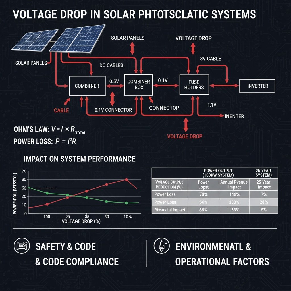 Een uitgebreide infographic getiteld "VOLTAGE DROP IN SOLAR PHOTOVOLTAIC SYSTEMS" tegen een donkere printplaatachtergrond, die het concept en de impact van spanningsverlies illustreert. Het hoofddiagram toont een vereenvoudigd zonnepanelensysteem, met "ZONNEPANELEN" die via "DC-KABELS" zijn verbonden met een "COMBINER" en vervolgens met een "COMBINER BOX". Van daaruit leiden "FUSE HOLDERS" naar een "INVERTER". Rode pijlen geven "VOLTAGE DROP" aan op verschillende punten, met specifieke waarden voor spanningsverlies (bijv. 0,5V, 0,1V, 1,1V) voor kabels en connectoren. Daaronder staat "OHM'S LAW: V = I × R_TOTAL" en "POWER LOSS: P = I²R" weergegeven. Het gedeelte "IMPACT ON SYSTEM PERFORMANCE" bevat een lijngrafiek met "POWER OUTPUT" (vermogensafgifte) versus "VOLTAGE DROP (%)" en een tabel met de vermogensafname en de financiële gevolgen. Onderaan staan twee pictogrammen voor "VEILIGHEID & NALEVING VAN DE GEGEVENS" en "MILIEU- & OPERATIONELE FACTOREN".
