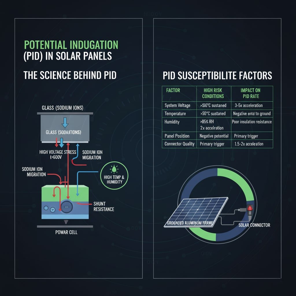 Visaptveroša infografika ar nosaukumu "POTENCIĀLĀ INDUCĒTA DEGRADĀCIJA (PID) SOLĀRS PANELĒS", kurā detalizēti izklāstīta PID zinātne un tās uzņēmības faktori. Kreisajā panelī "PID MĀKSLA" ir attēlots saules baterijas šķērsgriezums, kurā redzama "NĀTRIJA JONU MIGRĀCIJA" no "SKLS" uz "SILTUMA ŠŪNU", ko izraisa "VIELAIS VOLTUMS (600V-1500V)". Sarkanās līnijas apzīmē jonu migrāciju, bet sarkanā spuldzīte un ikona "HIGH TEMP & HUMIDITY" (augsta temperatūra un gaisa mitrums) izceļ vides izraisītājus. Ilustrācijā norādīts, ka galvenais noārdīšanās mehānisms ir "SHUNT RESISTANCE". Labajā panelī "PID SUSCEPTIBILITĀTES FAKTORI" ir tabula, kurā uzskaitīti tādi faktori kā "Sistēmas spriegums", "Temperatūra", "Mitrums", "Paneļa novietojums" un "Savienotāja kvalitāte", kā arī to "Augsta riska apstākļi" un "Ietekme uz PID ātrumu". Zem tabulas ir diagramma, kurā attēlots saules paneļa savienojums ar "iezemētu alumīnija rāmi", izmantojot "saules bateriju savienotāju", kas ilustrē elektrības ceļu.