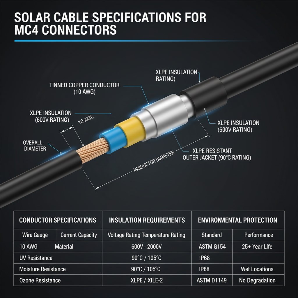 Specifiche dei cavi solari per connettori MC4", con una vista dettagliata di un cavo solare integrato con un connettore MC4. I componenti chiave sono etichettati, tra cui "CONDUTTORE IN RAME STAGNATO (10 AWG)", "ISOLAMENTO XLPE (600V RATING)", "GUSCIO ESTERNO RESISTENTE XLPE (90°C RATING)" e "DIAMETRO SOVRAPPOSTO". Sotto il diagramma, le tabelle forniscono dettagli specifici su "SPECIFICHE DEL CONDUTTORE", "REQUISITI DELL'ISOLAMENTO" e "PROTEZIONE AMBIENTALE", che riguardano aspetti quali lo scartamento dei fili, la capacità di corrente, la tensione nominale, la temperatura nominale, la resistenza ai raggi UV e la resistenza all'umidità.
