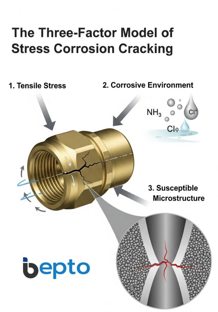 A diagram illustrating the three-factor model of stress corrosion cracking. It shows a central brass cable gland with a visible crack, pointed to by three labeled arrows: "1. Tensile Stress," "2. Corrosive Environment," and "3. Susceptible Microstructure," which links to a magnified view of the material's grain structure, visually explaining the combined elements that cause this type of material failure.