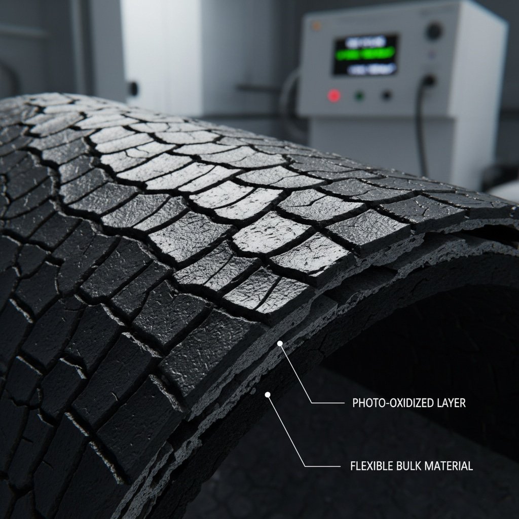 Exposure to ultraviolet (UV) radiation causes the surface of a black elastomer to crack and degrade, while the internal material remains intact and flexible, illustrating the effects of photooxidation and the need for UV protection in outdoor materials.