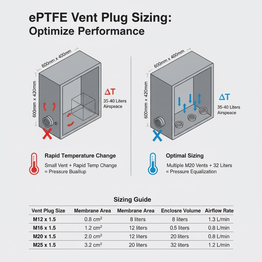 圖解說明 ePTFE 通風塞的尺寸，以達到電子機箱的最佳效能。圖中顯示兩個完全相同的機箱，各標示為 "600mm x 400mm x 420mm 「和 」35-40 公升空氣空間"。左邊的機箱只有一個小的通風塞，無法應付「快速溫度變化」，導致「壓力增加」和紅色「X」。右邊的機箱有多個較大的通風口，並標示為 「最佳尺寸」，達到了 「壓力均衡」，並打上了藍色的對勾。這些插圖下方是「尺寸指南」表格，詳細列出各種 M 系列插頭的「通風塞尺寸」、「薄膜面積」、「外殼容積」和「氣流率」，提供具體的尺寸建議。