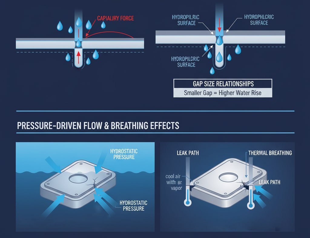 A technical infographic titled "WATER INGRESS MECHANISMS: SEALED SYSTEM FAILURE ANALYSIS." The top section illustrates "CAPILLARY ACTION & SURFACE TENSION," showing water being drawn into a small gap between two hydrophilic surfaces and the effect of gap size on water rise. The bottom section, "PRESSURE-DRIVEN FLOW & BREATHING EFFECTS," depicts hydrostatic pressure acting on a seal and thermal breathing creating a leak path due to temperature changes. Formulas are integrated into both sections, and the bottom features "PREVENTION STRATEGIES: MATERIAL SELECTION & DESIGN OPTIMIZATION."