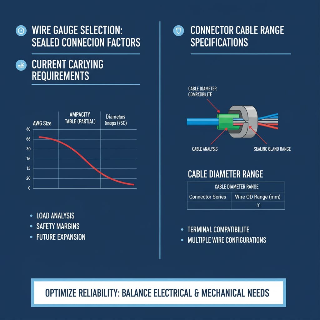 A two-panel infographic titled "WIRE GAUGE SELECTION: SEALED CONNECTION FACTORS." The left panel, "CURRENT CARRYING REQUIREMENTS," features a line graph illustrating Ampacity vs. AWG Size, along with bullet points on load analysis, safety margins, and future expansion. The right panel, "CONNECTOR CABLE RANGE SPECIFICATIONS," includes a diagram showing cable diameter compatibility, a table on cable diameter range, and bullet points on terminal compatibility and multiple wire configurations. The bottom banner reads, "OPTIMIZE RELIABILITY: BALANCE ELECTRICAL & MECHANICAL NEEDS."
