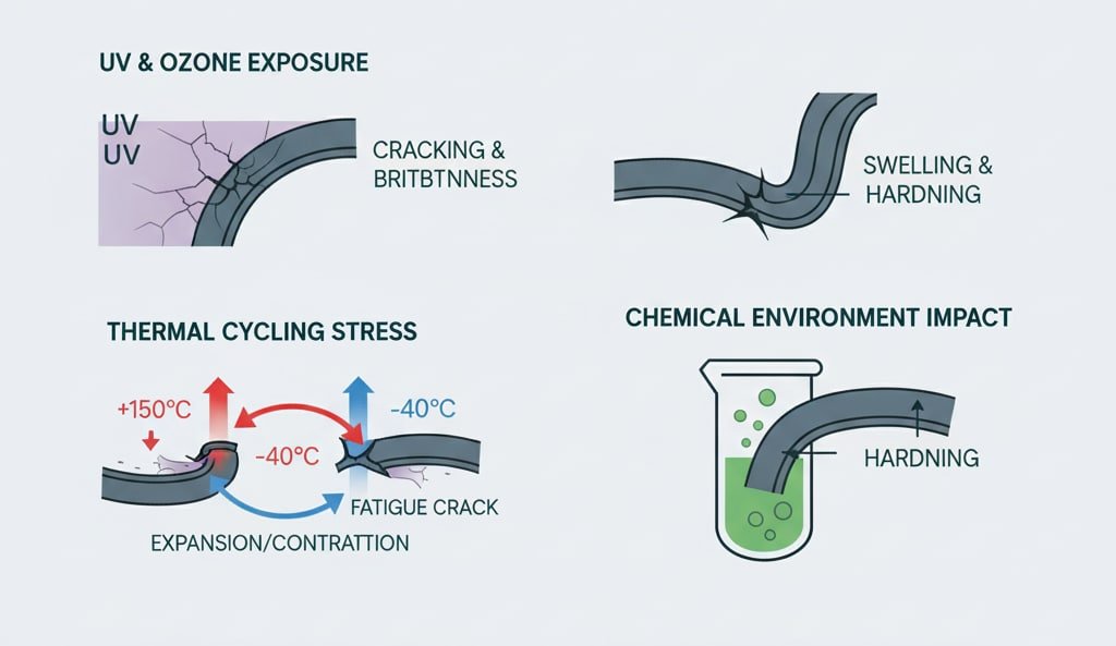 A clear infographic titled "ENVIRONMENTAL FACTORS: SEAL DEGRADATION & MITIGATION." It visually breaks down four environmental impacts on seals: "UV & OZONE EXPOSURE" showing cracking and swelling, "THERMAL CYCLING STRESS" illustrating expansion/contraction and fatigue cracks due to temperature changes (+150°C to -40°C), and "CHEMICAL ENVIRONMENT IMPACT" depicting a seal hardening in a chemical solution. A final section lists "MITIGATION STRATEGIES" including UV-stabilized materials, material compatibility checks, and thermal expansion allowances.