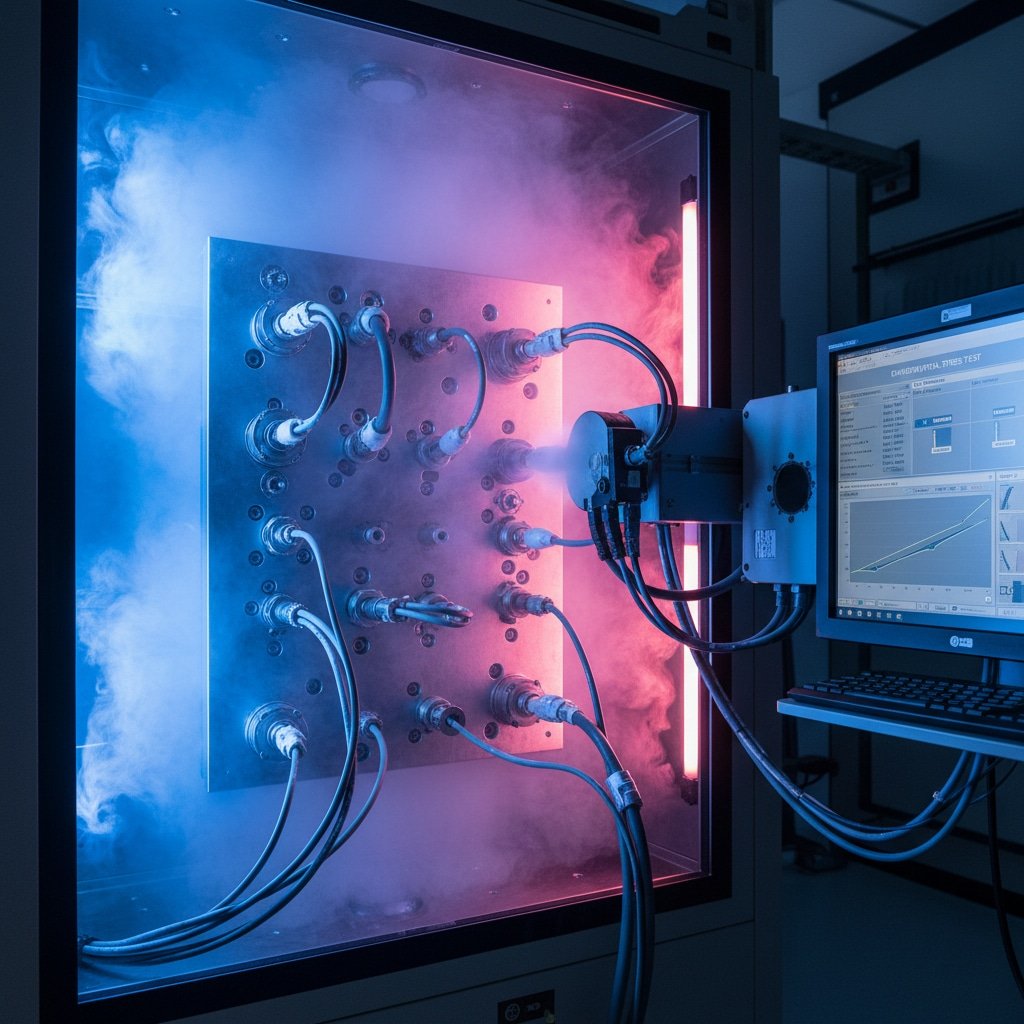 Eine spezielle Kabelverschraubung wird in einer Kammer getestet, um die Auswirkungen extremer Temperaturen, chemischer Einflüsse und Feuchtigkeit auf die Dichtungsintegrität und EMV-Leistung zu demonstrieren. Der Aufbau umfasst verschiedene Kabel, die mit der Verschraubung verbunden sind, wobei sichtbarer Dampf oder Nebel die Umweltbelastung anzeigt, sowie einen Monitor, der die Leistungsdaten anzeigt.
