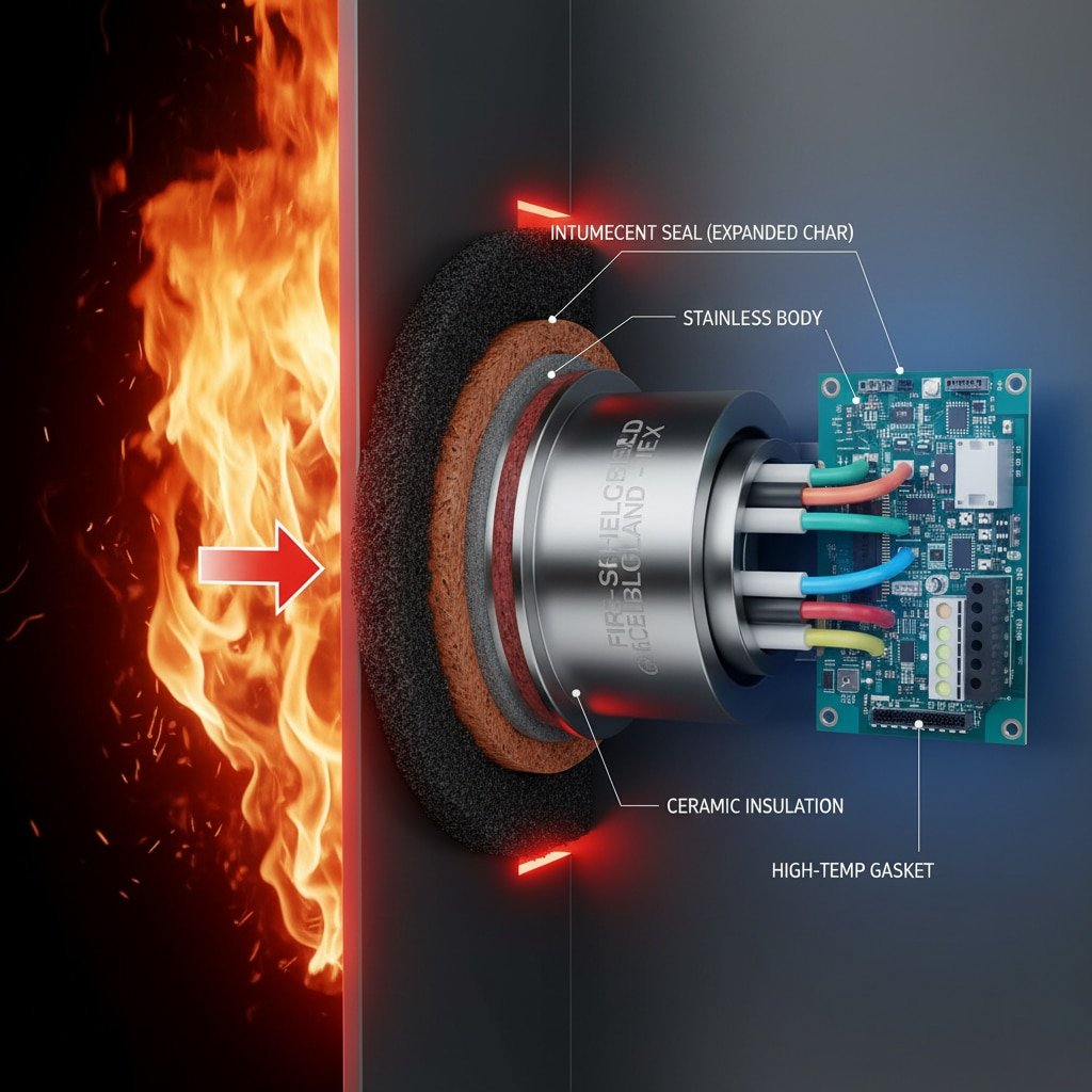 A cutaway diagram showing a fire-resistant cable gland installed in a wall, with an adjacent fire indicating high temperatures. The gland features an expanding intumescent seal, a stainless steel body, ceramic insulation, and a high-temperature gasket, all working together to protect internal wiring connected to a circuit board.