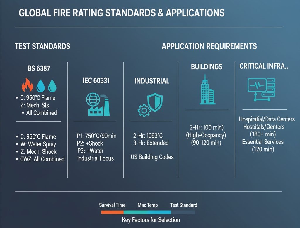 A comparative chart titled "Global Fire Rating Standards & Applications." It details various test standards like BS 6387 and IEC 60331, alongside application requirements for industrial, building, and critical infrastructure sectors. Below the chart, "Key Factors for Selection" are highlighted, including Survival Time, Max Temp, and Test Standard.