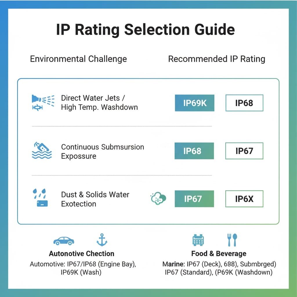 Selge infograafika pealkirjaga "IP-klassifitseerimise valiku juhend", milles esitatakse keskkonnaprobleemide ja vastavate soovitatud IP-klasside võrdlustabel, mis illustreerib valikuprotsessi erinevate kaitsevajaduste puhul.