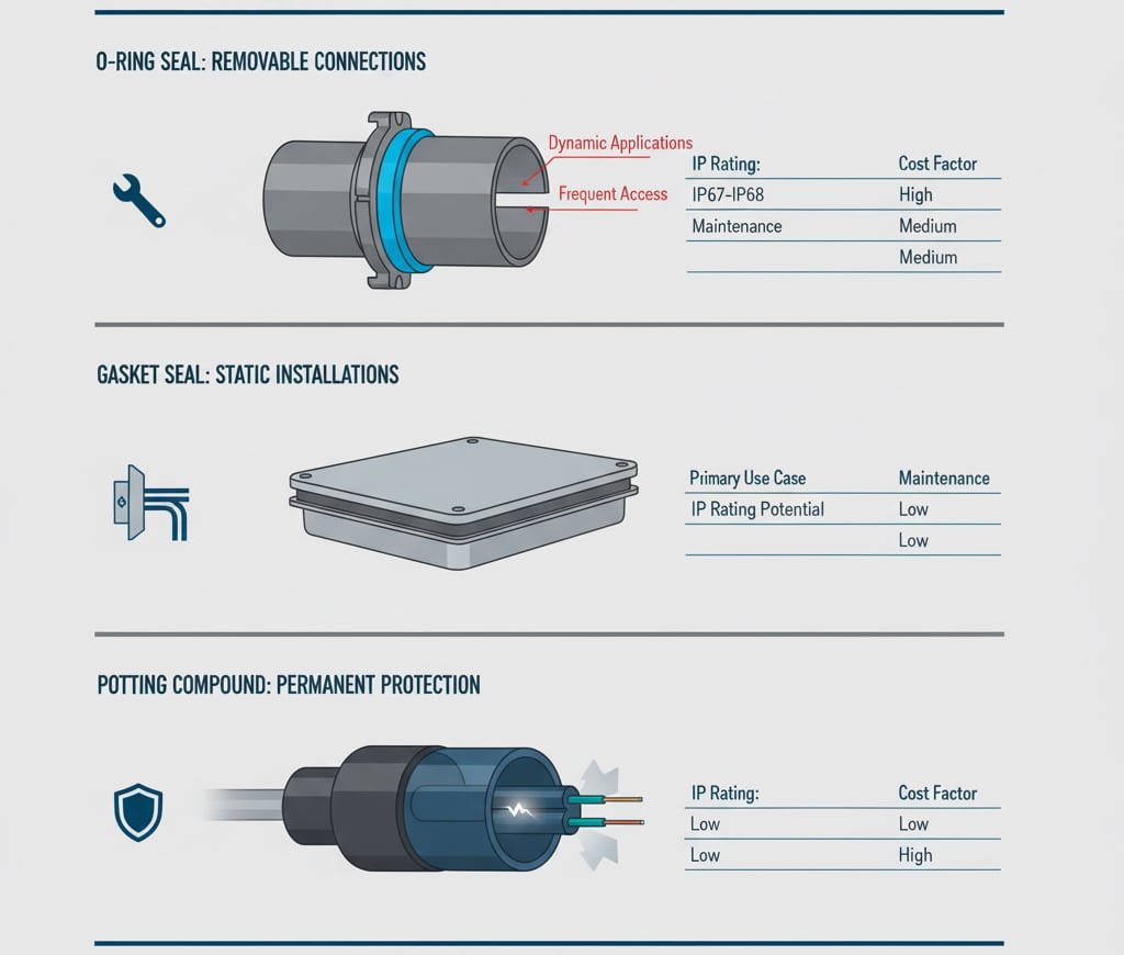 L'infografica comparativa intitolata "METODI DI SIGILLATURA DEI CONNETTORI IMPERMEABILI" illustra le tre principali tecniche di sigillatura. La sezione superiore raffigura una guarnizione O-ring per connessioni rimovibili. La sezione centrale mostra una guarnizione di tenuta per installazioni statiche. La sezione inferiore presenta un composto di tenuta per una protezione permanente. Ogni metodo è accompagnato da un diagramma, da una breve descrizione del suo utilizzo principale e da una tabella che confronta il potenziale di classificazione IP, il livello di manutenzione e il fattore di costo.