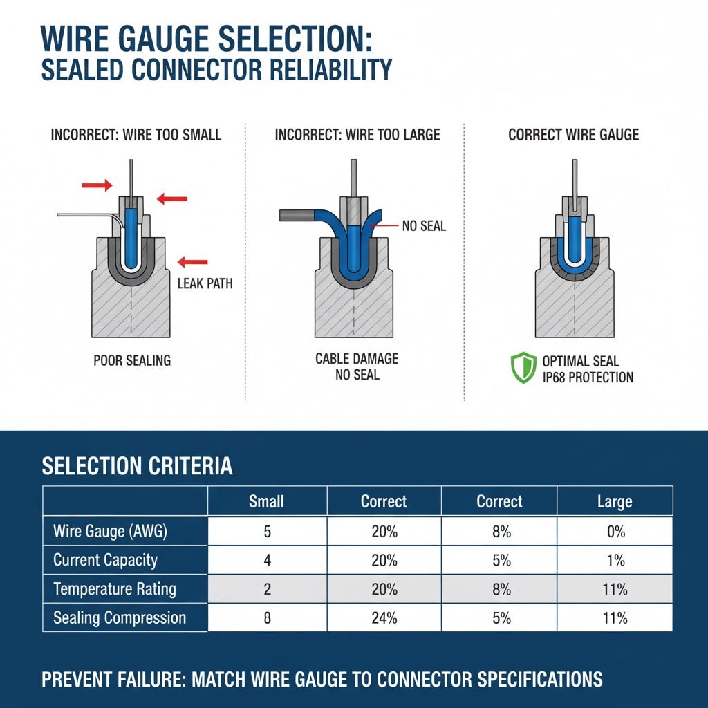 An infographic titled "WIRE GAUGE SELECTION: SEALED CONNECTOR RELIABILITY" visually compares incorrect and correct wire gauge selections. The top section features three diagrams: "INCORRECT: WIRE TOO SMALL" showing poor sealing and a leak path; "INCORRECT: WIRE TOO LARGE" depicting cable damage and no seal; and "CORRECT WIRE GAUGE" illustrating optimal seal and IP68 protection. Below, a table lists "SELECTION CRITERIA" including Wire Gauge (AWG), Current Capacity, Temperature Rating, and Sealing Compression, with values for small, correct, and large wire sizes. The bottom text emphasizes "PREVENT FAILURE: MATCH WIRE GAUSE TO CONNECTOR SPECIFICATIONS."