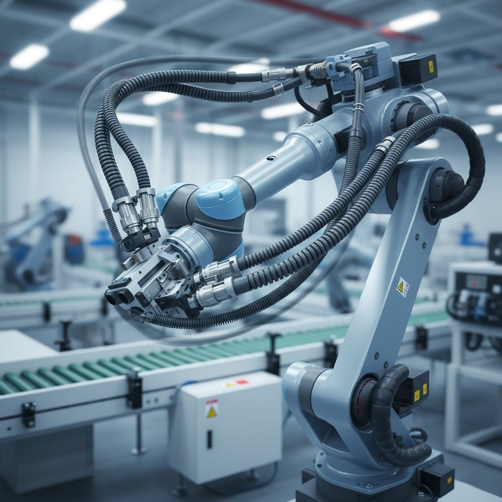 Een moderne industriële robotarm uitgerust met robuuste spiraal- en knikbeveiligingswartels voor kabelbeheer in een geautomatiseerde fabrieksomgeving. De kabels van de robot zijn netjes georganiseerd en beschermd, wat hun geschiktheid voor toepassingen met continue beweging in robotica en automatisering benadrukt.