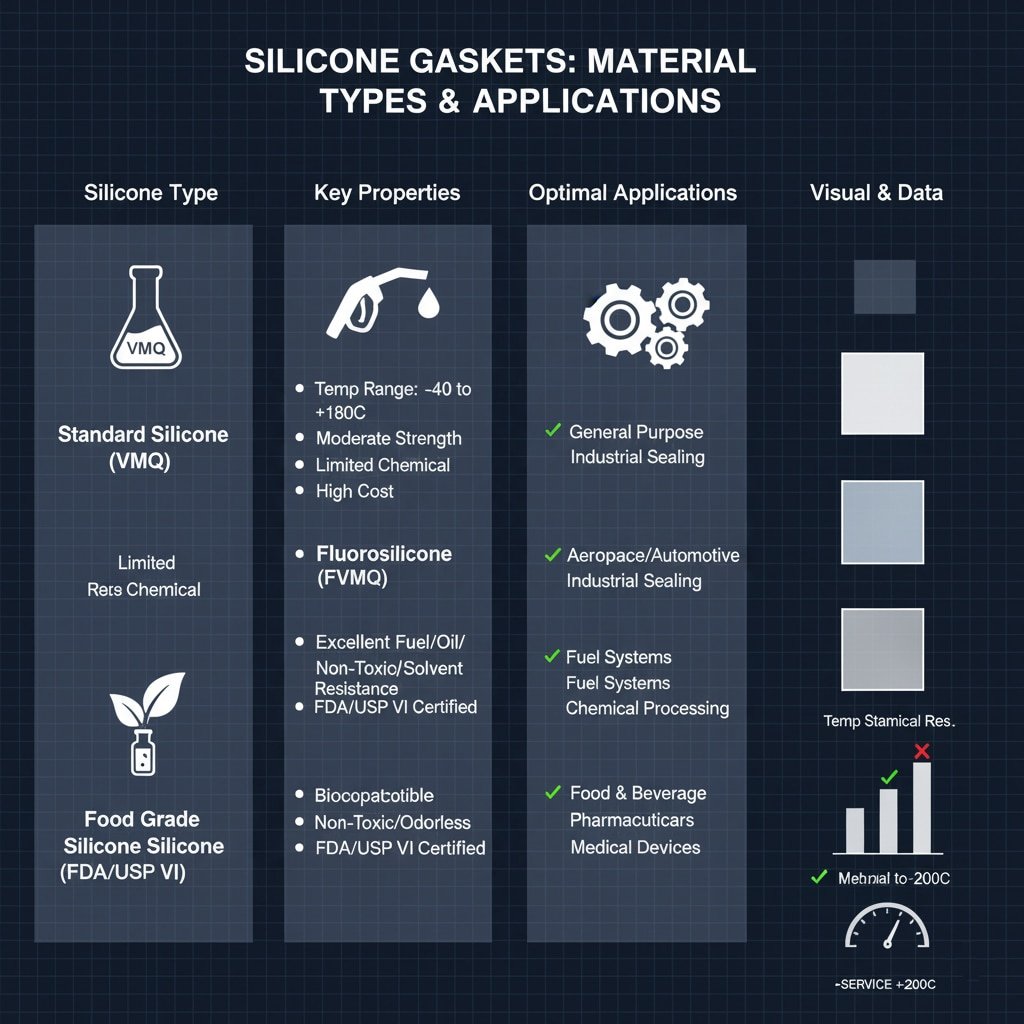 Infograafik pealkirjaga "SILIKOONVAHENDID: Materjalitüübid ja rakendused" esitab kolme silikoonitüübi võrdluse: (VMQ), fluorosilikoon (FVMQ) ja toiduainesilikoon (FDA/USP VI). Selles kirjeldatakse üksikasjalikult peamisi omadusi, nagu temperatuurivahemik, tugevus, keemiline vastupidavus ja sertifikaadid, ning optimaalseid rakendusi, nagu üldised tööstuslikud tihendid, lennundus, kütusesüsteemid, toiduainete töötlemine ja meditsiiniseadmed. Parempoolses veerus "Visual & Data" on materjali omaduste, sealhulgas temperatuurivahemiku, keemilise vastupidavuse ja sertifitseerimise staatuse sümboolne esitus.