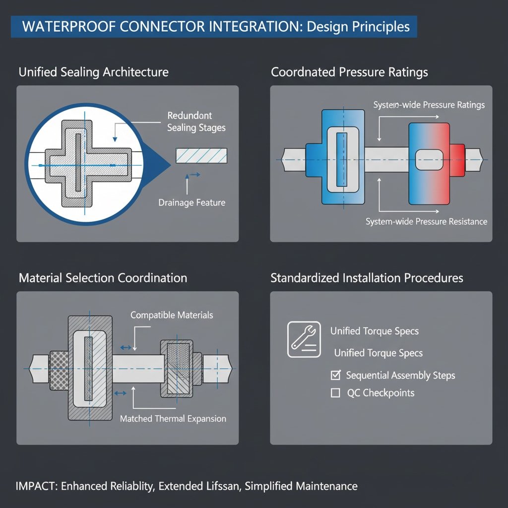 Diagram empat panel yang mengilustrasikan prinsip-prinsip desain untuk integrasi konektor kedap air. Panel kiri atas, "Arsitektur Penyegelan Terpadu," menunjukkan penampang melintang dengan "Tahapan Penyegelan Berlebihan" dan "Fitur Drainase." Kanan atas, "Peringkat Tekanan Terkoordinasi," menggambarkan dua komponen yang terhubung, mengilustrasikan "Peringkat Tekanan di Seluruh Sistem" dan "Resistensi Tekanan di Seluruh Sistem." Kiri bawah, "Koordinasi Pemilihan Material," menyoroti "Material yang Kompatibel" dan "Ekspansi Termal yang Sesuai" dalam desain yang terhubung. Kanan bawah, "Prosedur Instalasi Terstandardisasi," menampilkan ikon dan daftar periksa dengan "Spesifikasi Torsi Terpadu," "Langkah-langkah Perakitan Berurutan," dan "Titik Pemeriksaan QC." Dampak keseluruhannya adalah "Keandalan yang Ditingkatkan, Masa Pakai yang Diperpanjang, Perawatan yang Disederhanakan."