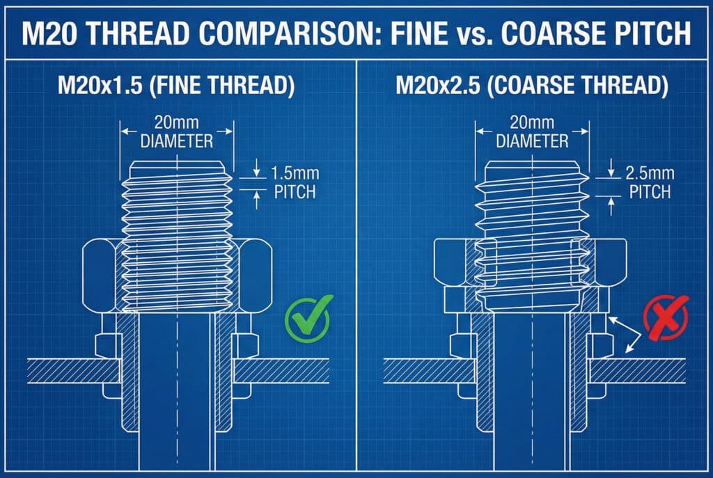 Két menetes csavart és anyát összehasonlító, tervrajzszerű műszaki illusztráció. A bal oldalon, "M20x1,5 (FINOM MENET)" felirattal, egy 20 mm átmérőjű, 1,5 mm-es menetes csavar látható, amely tökéletesen illeszkedik az anyába, amelyet zöld pipa jelöl. A jobb oldalon, "M20x2,5 (COARSE THREAD)" felirattal, egy 20 mm átmérőjű, 2,5 mm-es menettel rendelkező csavar látható, amely nem illeszkedik az anyába, és piros "X" jelöléssel van ellátva.