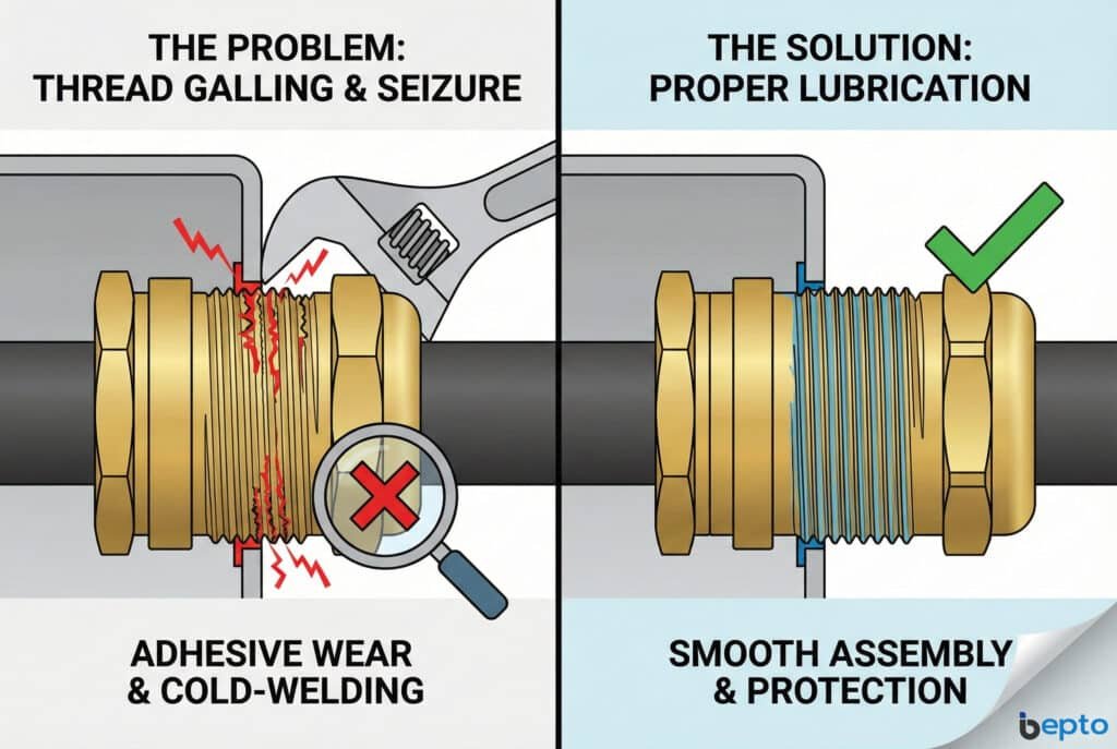 A split-panel technical infographic titled "THE PROBLEM: THREAD GALLING & SEIZURE" on the left, showing a cross-section of a seized brass cable gland with damage and a magnifying glass with an X. On the right, titled "THE SOLUTION: PROPER LUBRICATION," a lubricated gland is smoothly installed with a checkmark, illustrating the prevention of adhesive wear.